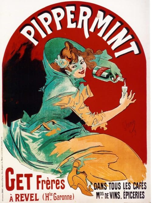 Une affiche publicitaire pour la liqueur de menthe revelloise signée Jules Cherret, en 1899