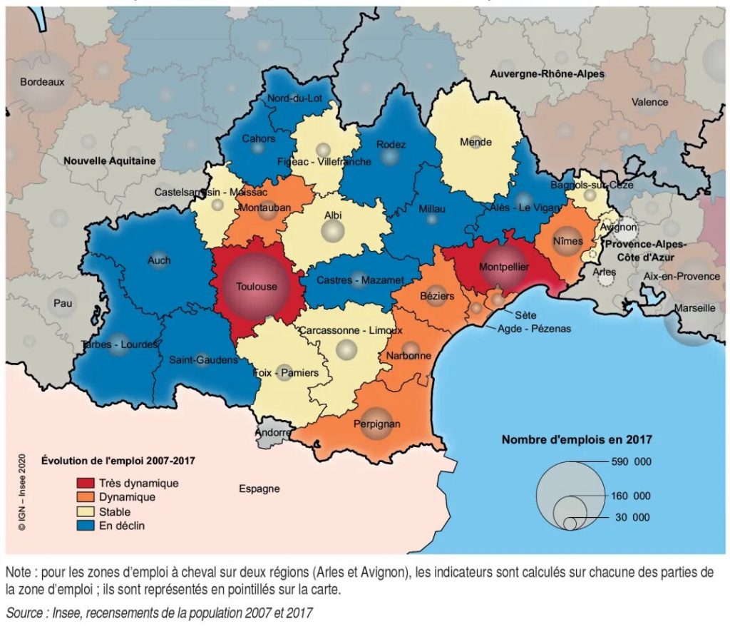 Dynamique des zones d’emploi en Occitanie ©INSEE