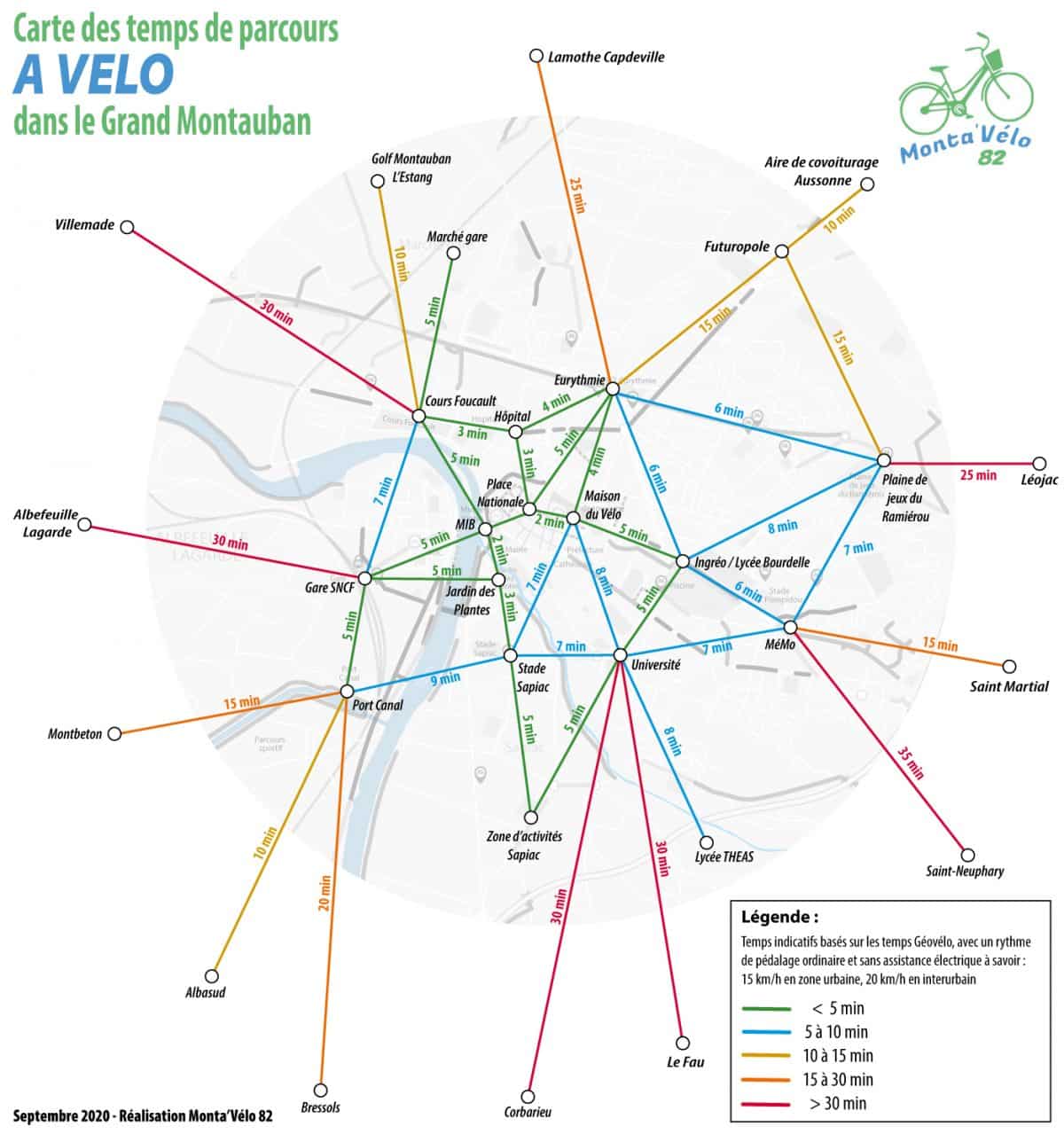 La carte des temps de parcours à vélo dans le Grand Montauban ©Monta'Vélo 82