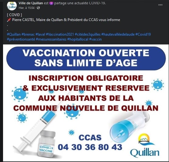 Publication facebook de la ville de Quillan sur l'ouverture de la vaccination pour tous. © : ISJT