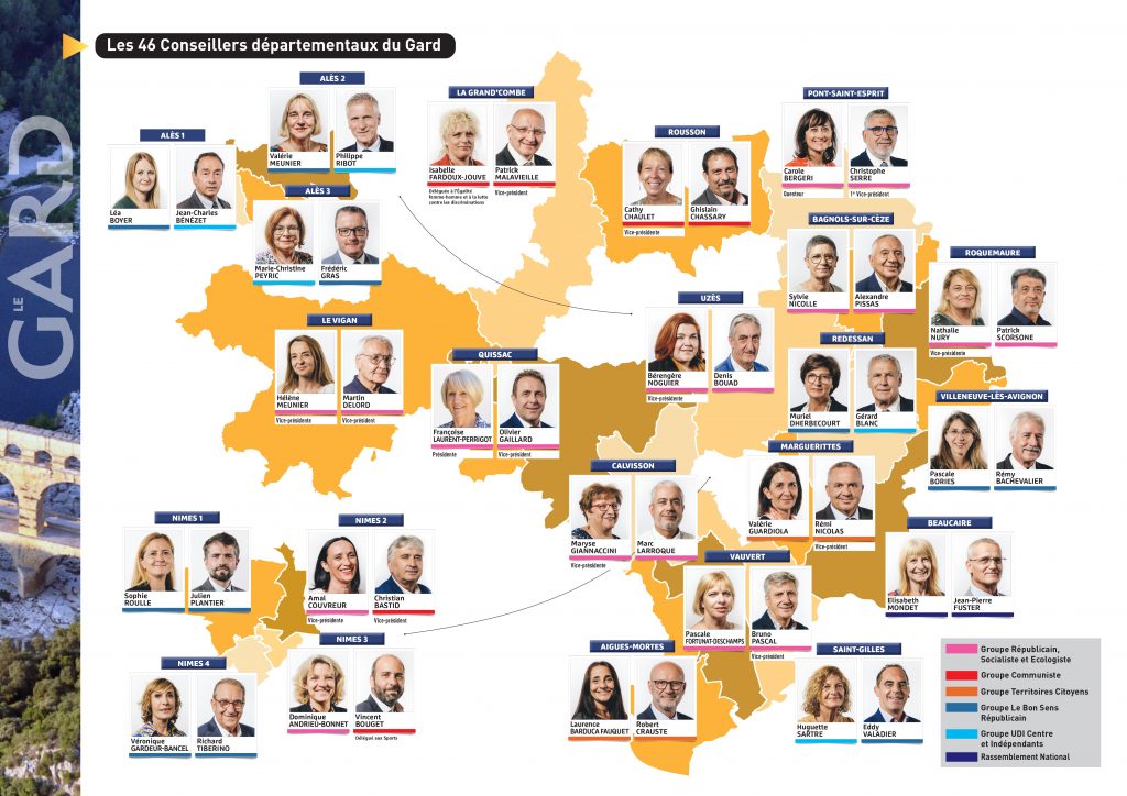 Voici la composition du nouvel exécutif du Conseil départemental du Gard, élu le 27 juin dernier, le trombinoscope des 46 élus et les délégations qui leur ont été attribuées @CDGard