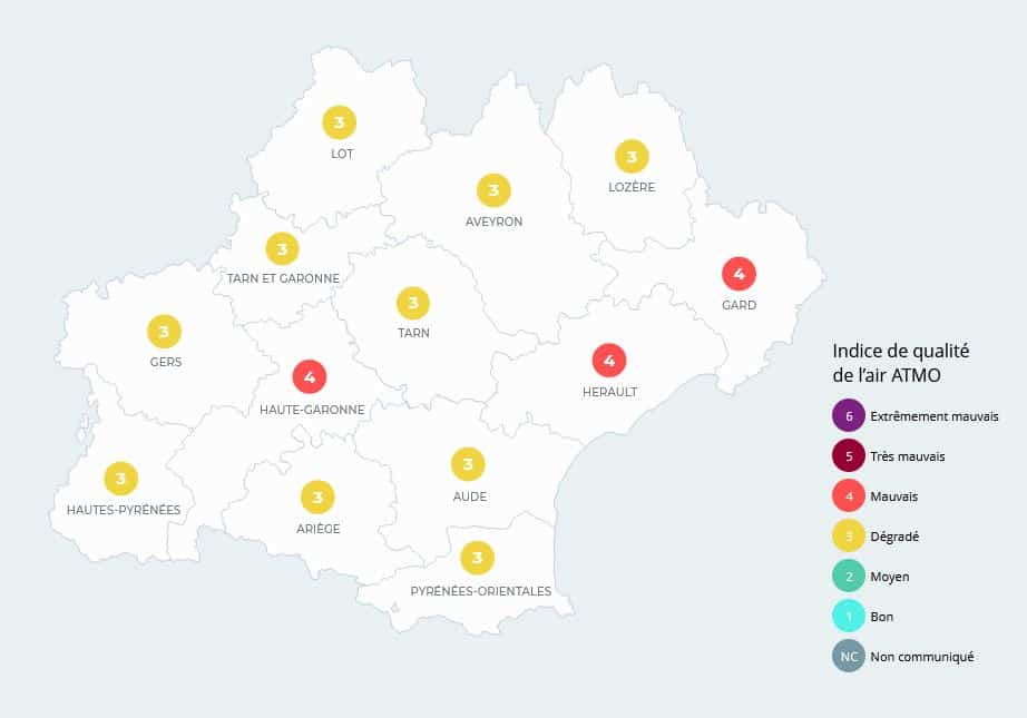 Atmo Occitanie publie un indice de qualité de l'air dégradé sur la région