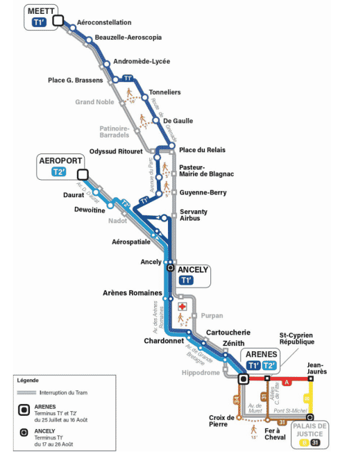 Le plan des lignes de tramway à l'arrêt à Toulouse