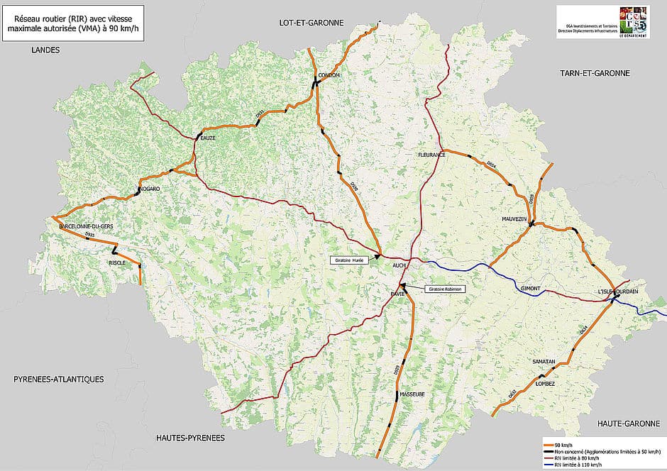 Occitanie routes 90 km/h Gers