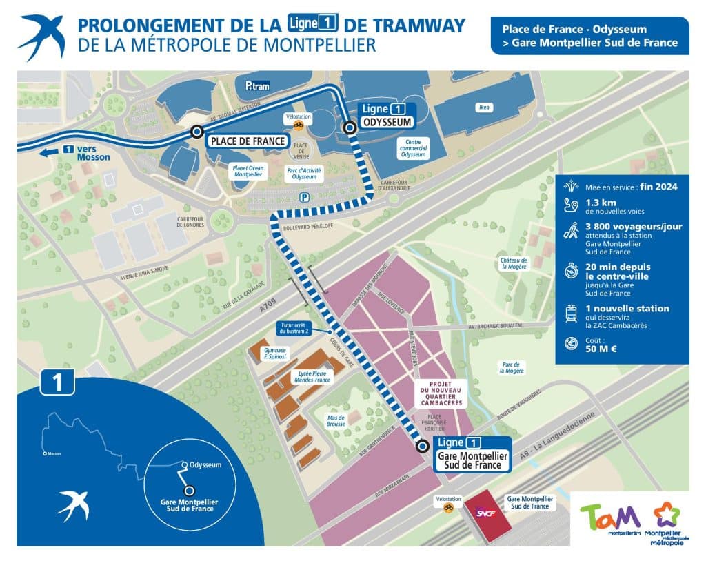 Sud de France gare Montpellier ligne 1 tramway extension travaux
