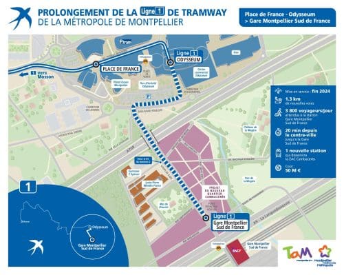 Sud de France gare Montpellier ligne 1 tramway extension travaux