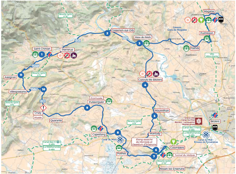 Le parcours prévu pour le premier parcours d’œnovélo. © Hérault Tourisme