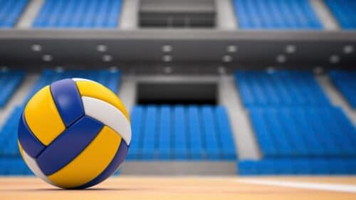 Un ballon de volley sur un terrain. Les tribunes apparaissent au second plan.
