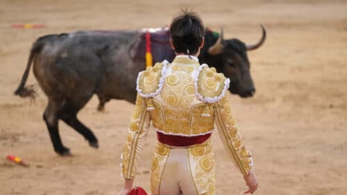 Le torero Adrian de Torres lors de la Corrida de Toros d'Adolfo Martín, sur la Plaza de las Ventas, à Madrid, le 23 mars 2025.