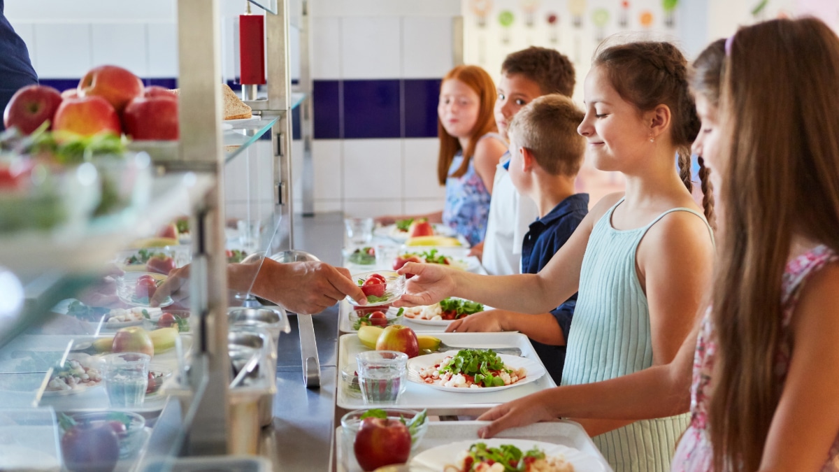 Des enfants prennent leur plateau repas à la cantine scolaire.