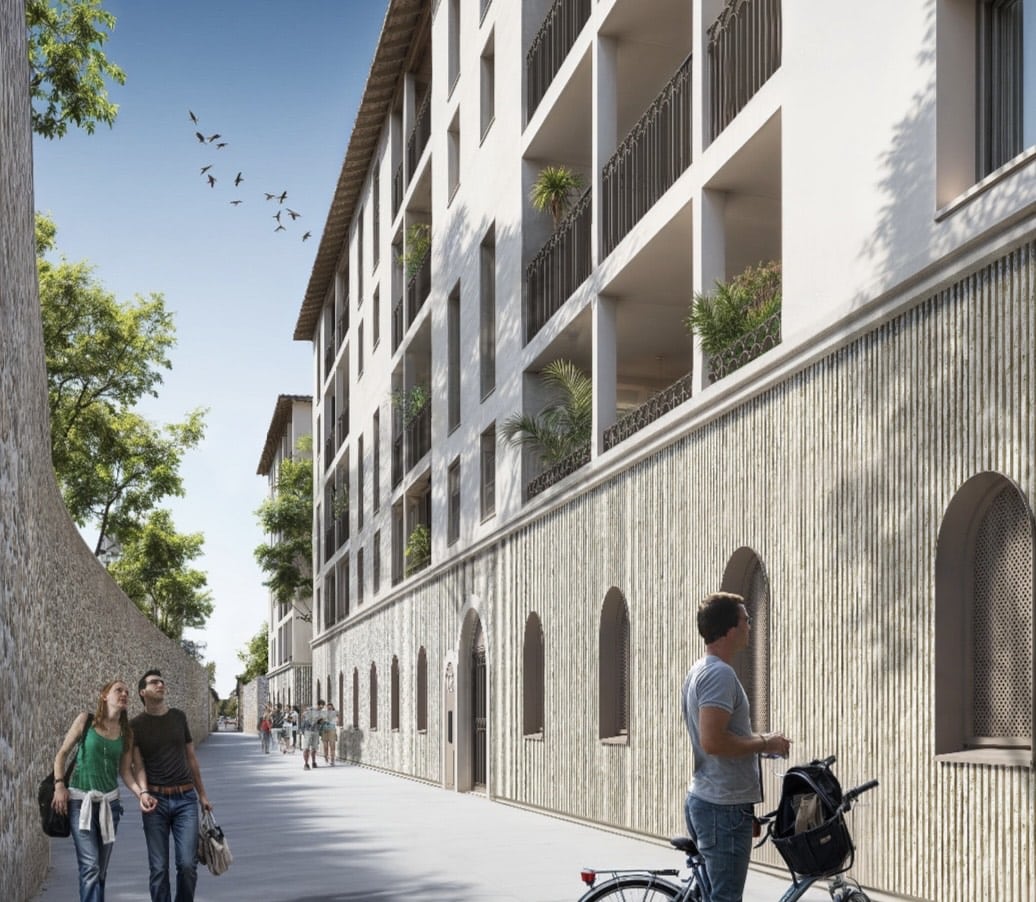 Projection de la future Rue Saint-Jean (visuels non contractuels), les bâtiments sont modernes, avec des couleurs claires et très végétalisés.