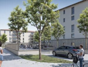 Projection du futur Traverse Saint-Jean au Nord (visuels non contractuels). Les couleurs utilisées sont claires et le quartier est très végétalisé.