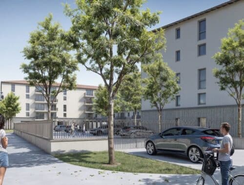 Projection du futur Traverse Saint-Jean au Nord (visuels non contractuels). Les couleurs utilisées sont claires et le quartier est très végétalisé.