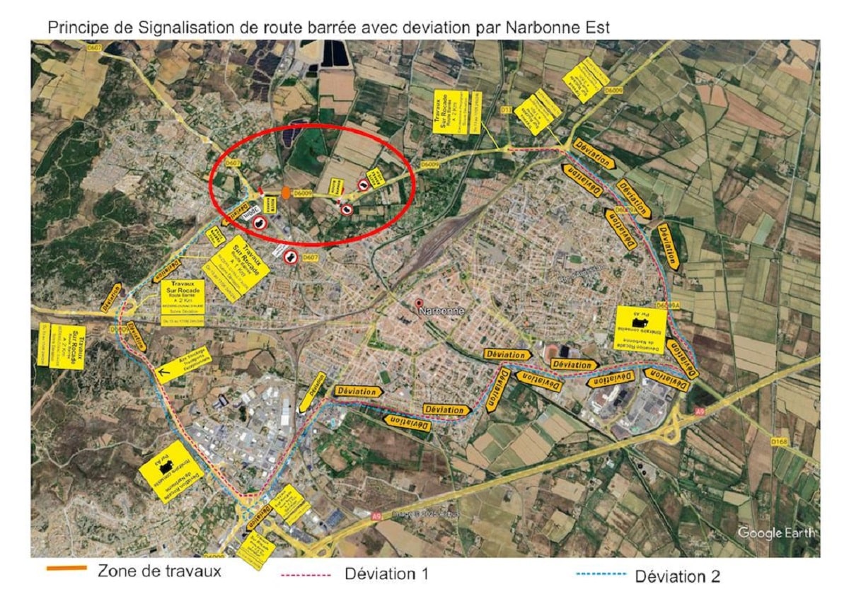 Plan des déviations mises en place à l'occasion des travaux sur la D6009, à Narbonne.